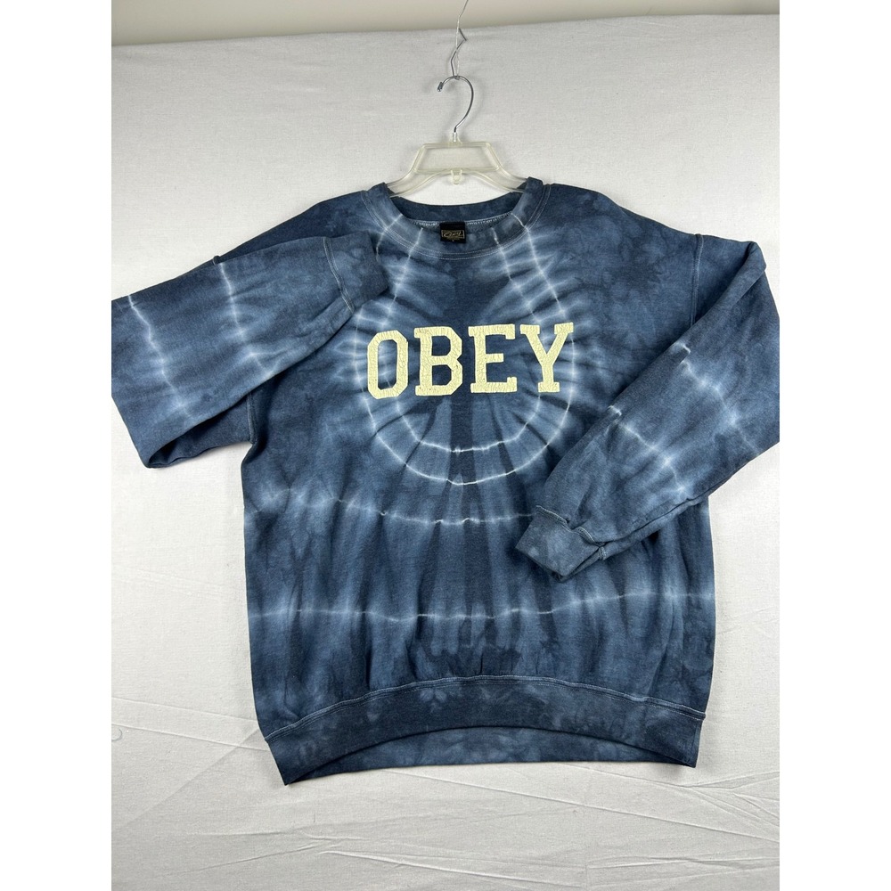 Obey Tie Dye Crewneck Sweatshirt Blue Grey Graphic Logo Mens Medium NWOT